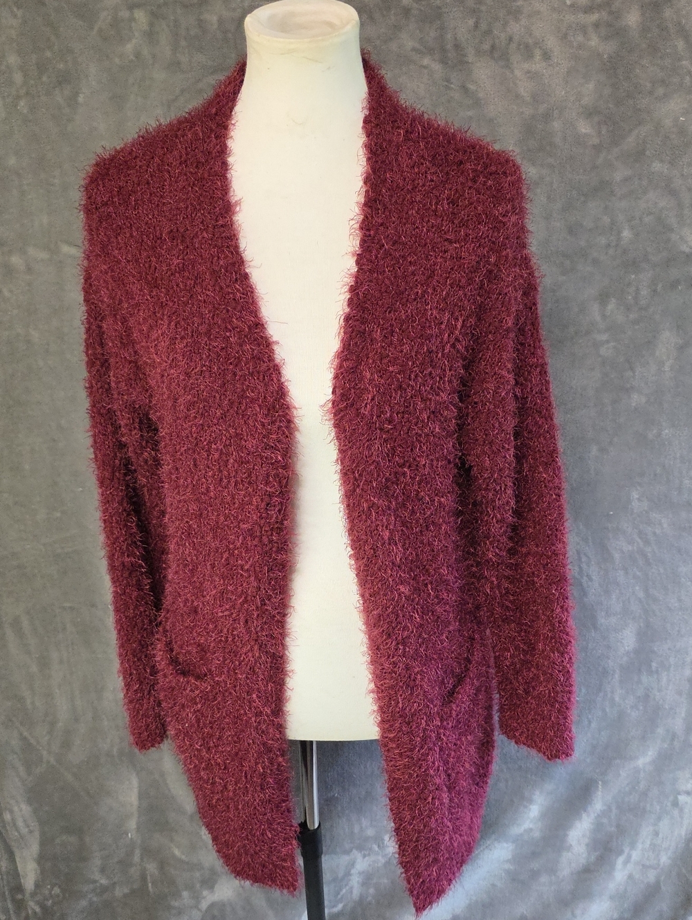Love Tree Fuzzy Open-Front Cardigan With Pockets - Burgundy